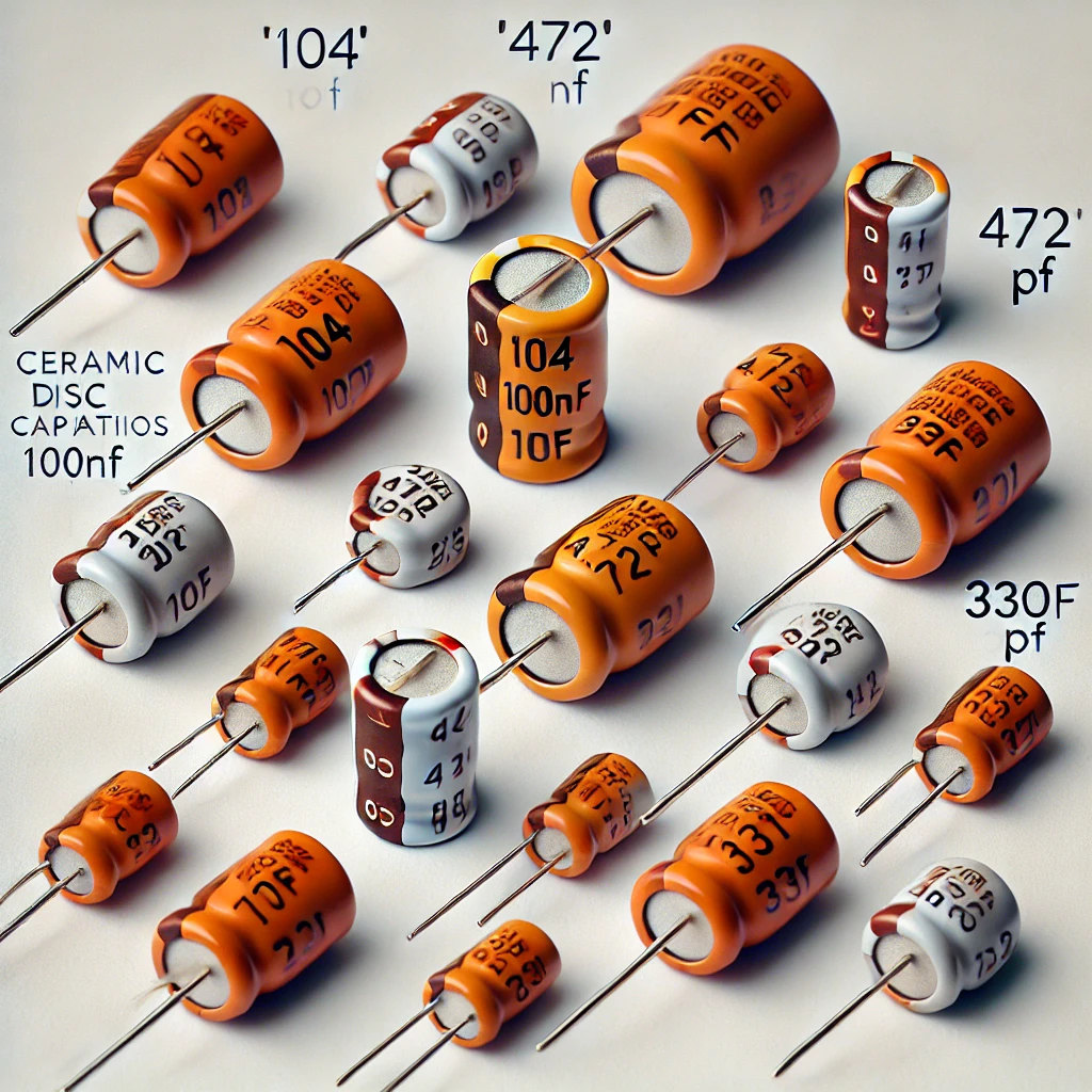 DALL·E 2025 05 05 10.48.33 An educational image showing multiple ceramic disc capacitors on a white background. Each capacitor has clear printed codes such as 104 472 and