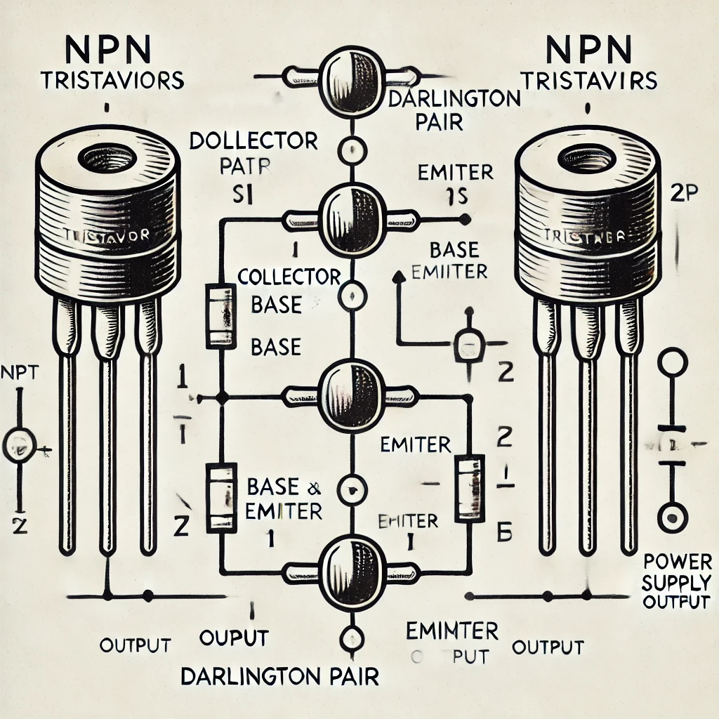DALL·E 2025 05 13 09.32.45 A schematic representation of a Darlington pair showing two NPN transistors connected in parallel. The diagram should clearly label the two transisto